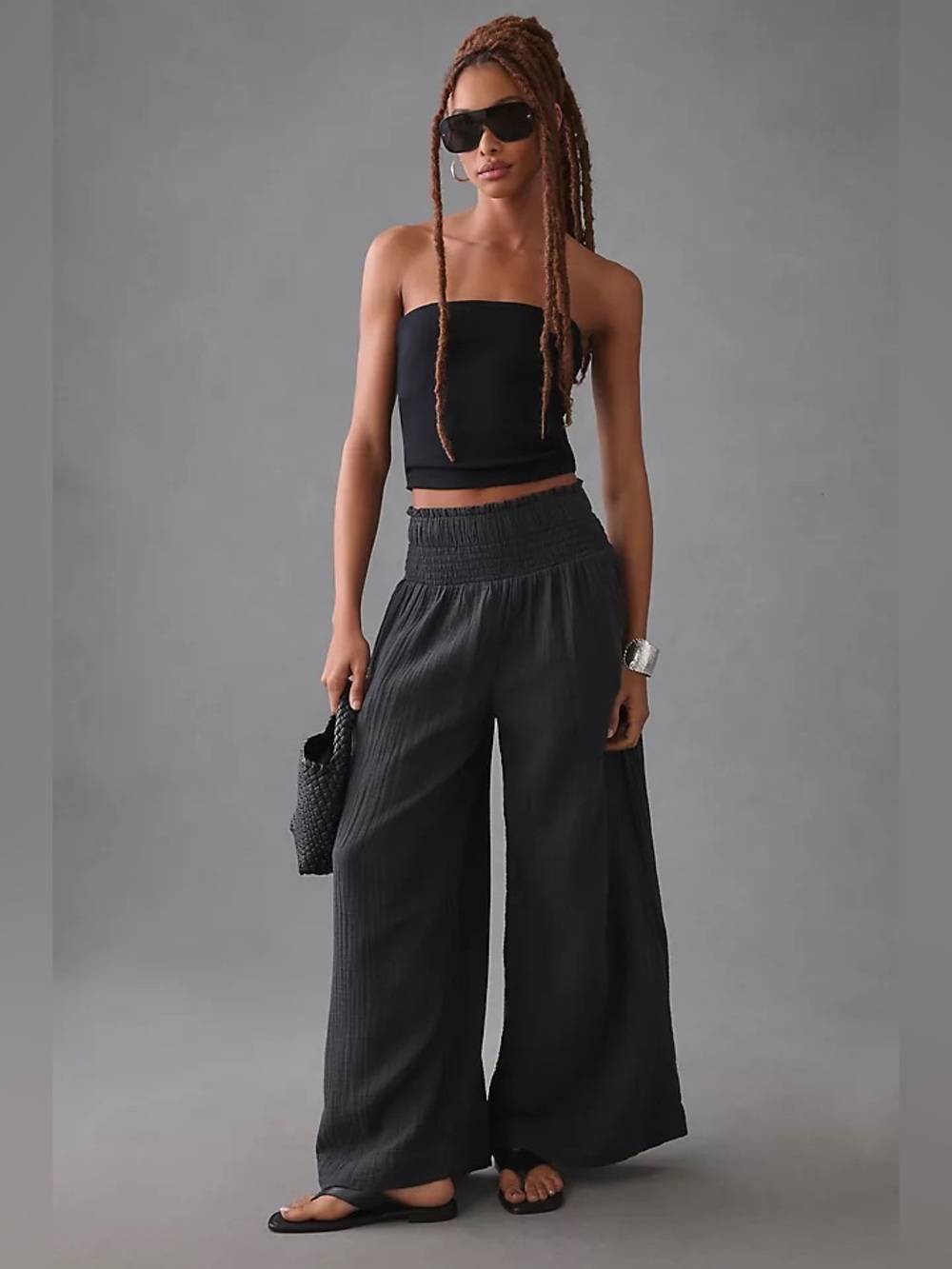 Anthropologie Flannel Smocked Gauzy Wide Leg Pants in Grey